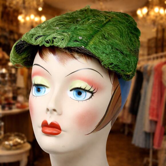 Vintage Green Feather Cocktail Hat MidCentury Fascinator Statement Hat - Hey Viv - Picture 2 of 8